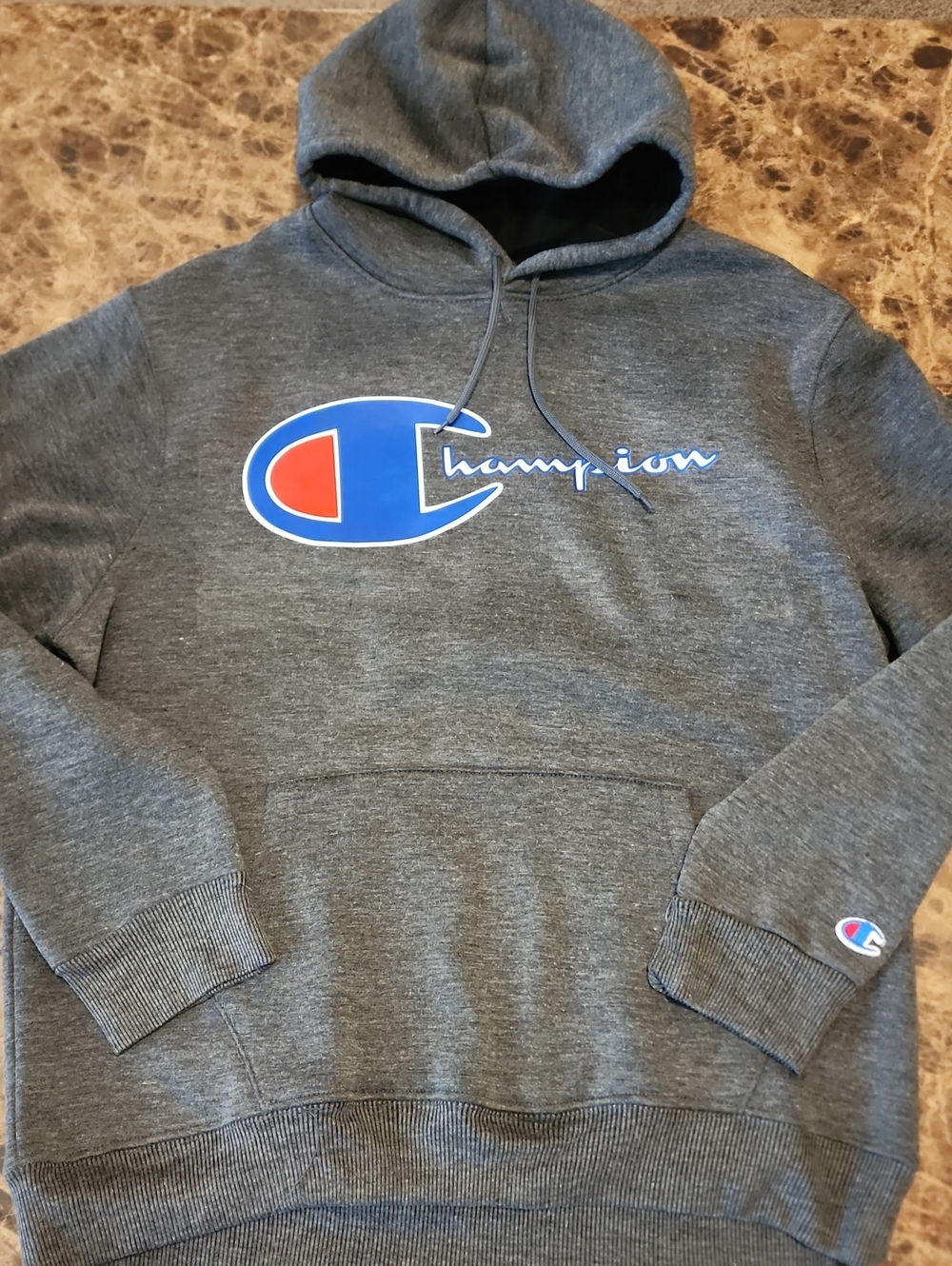 Champion Charcoal Hoodie with Blue and Red Logo